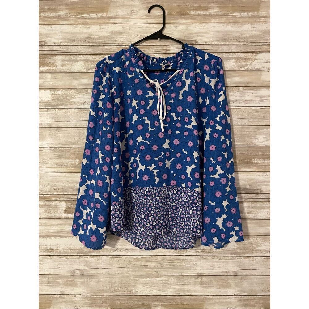 ELLE Blue And Pink Floral Blouse Shirt Top Size Large Women Flowy Colorful​